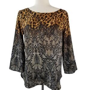 Ann Taylor Black Brown Gold Leopard Paisley Funky Boho Top Size Small